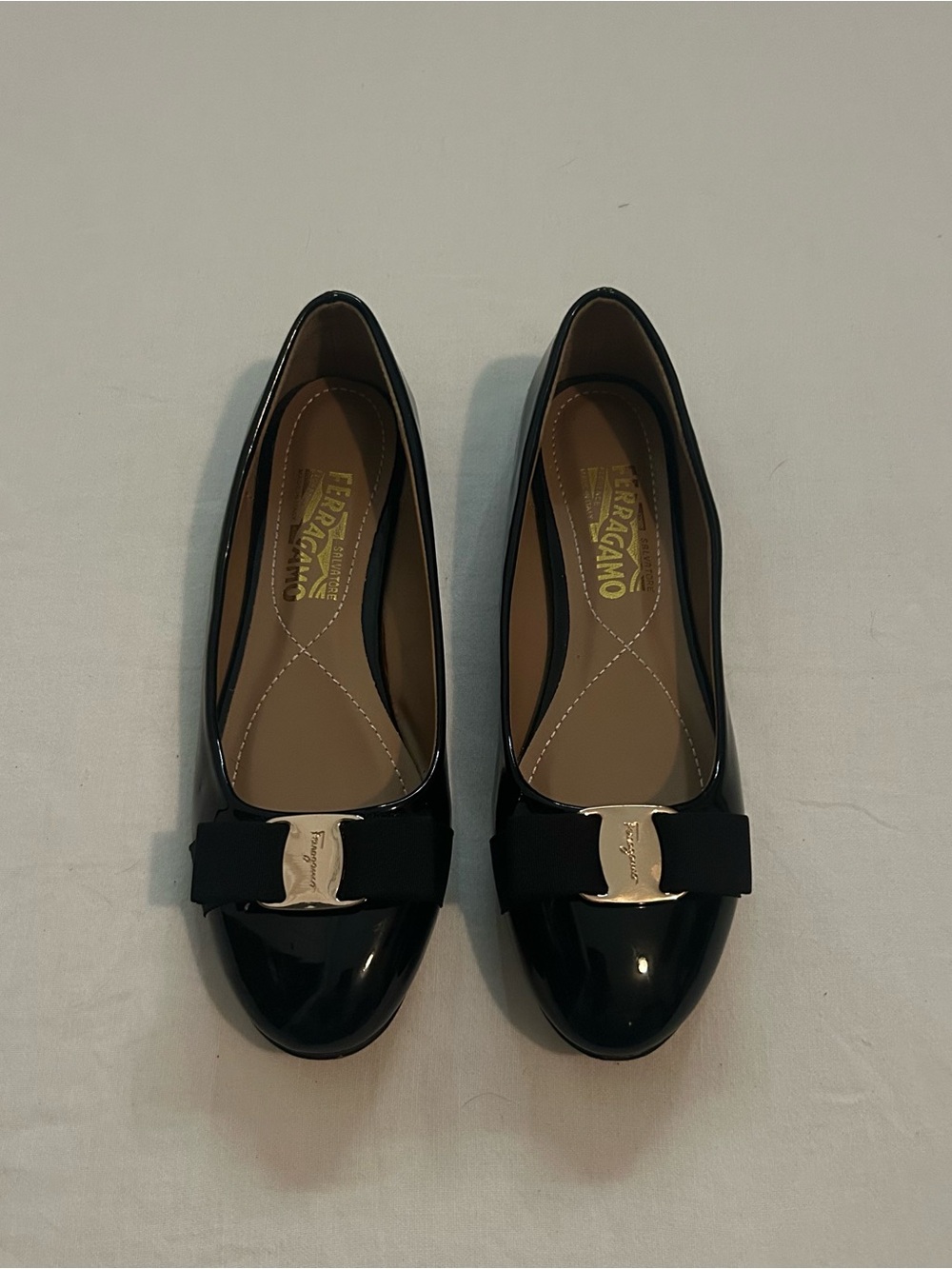 Salvatore Ferragamo Black Patent Vara Bow Flats